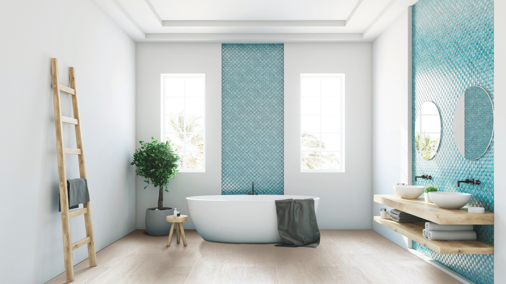 Wood look tile flooring in modern teal bath 